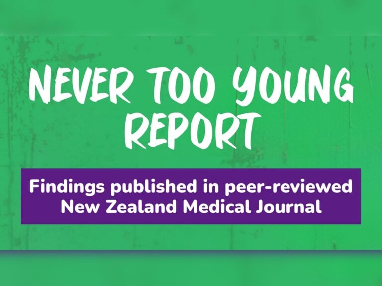 Never Too Young Report graphic: findings published in the peer-reviewed New Zealand Medical Journal